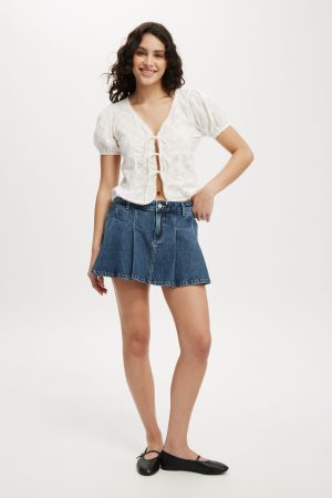 Pleated Denim Mini Skirt