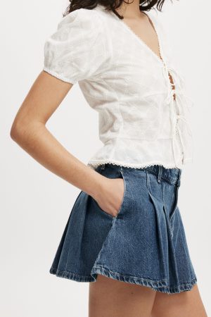Pleated Denim Mini Skirt