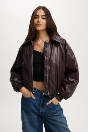 Faux Leather Puff Bomber