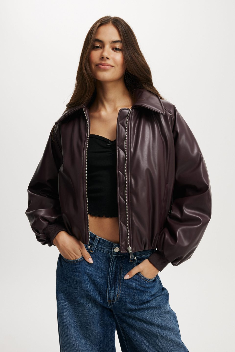 Faux Leather Puff Bomber