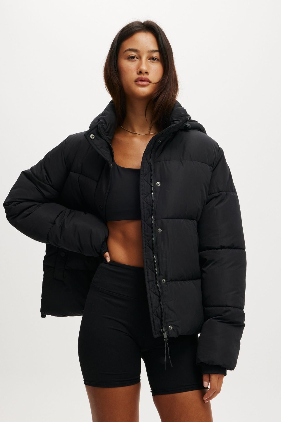 The Mother Puffer Removable Hood Jacket